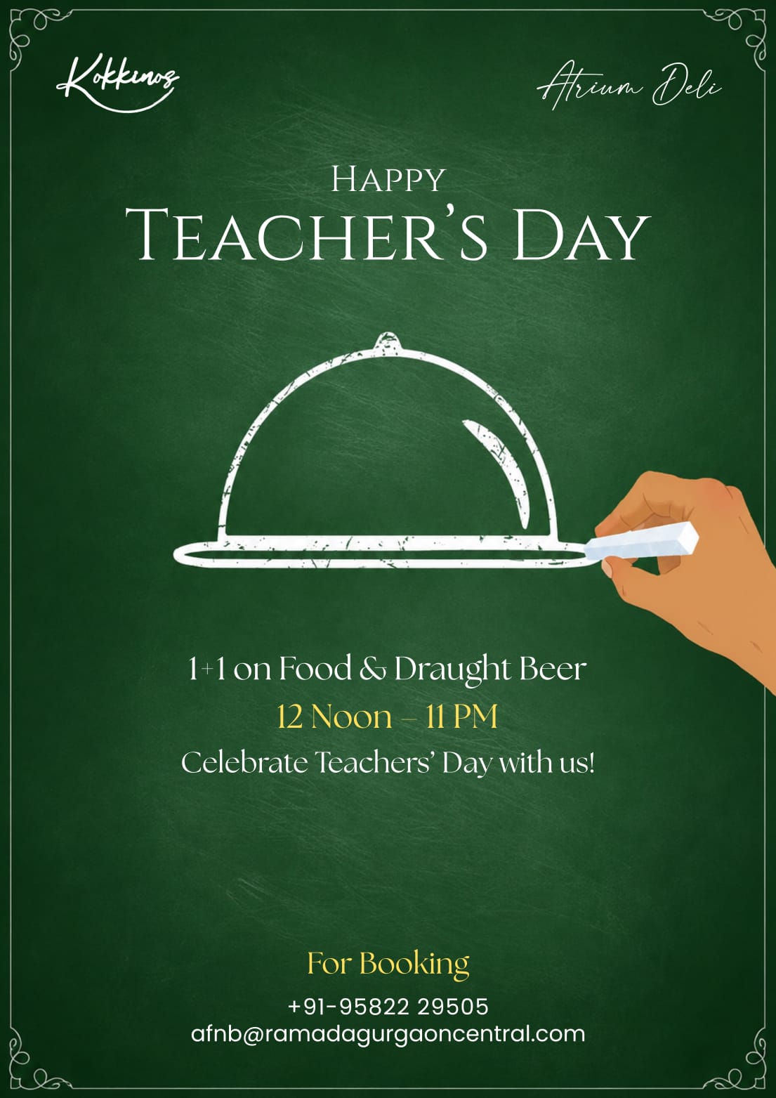 Teacher’s Day Offer in Gurgaon | 1+1 Free on Food & Draught Beer